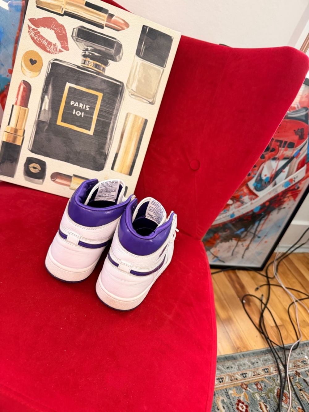 Jordan 1 Women’s High-Top Sneakers in White and Purple - Picture 3 of 4